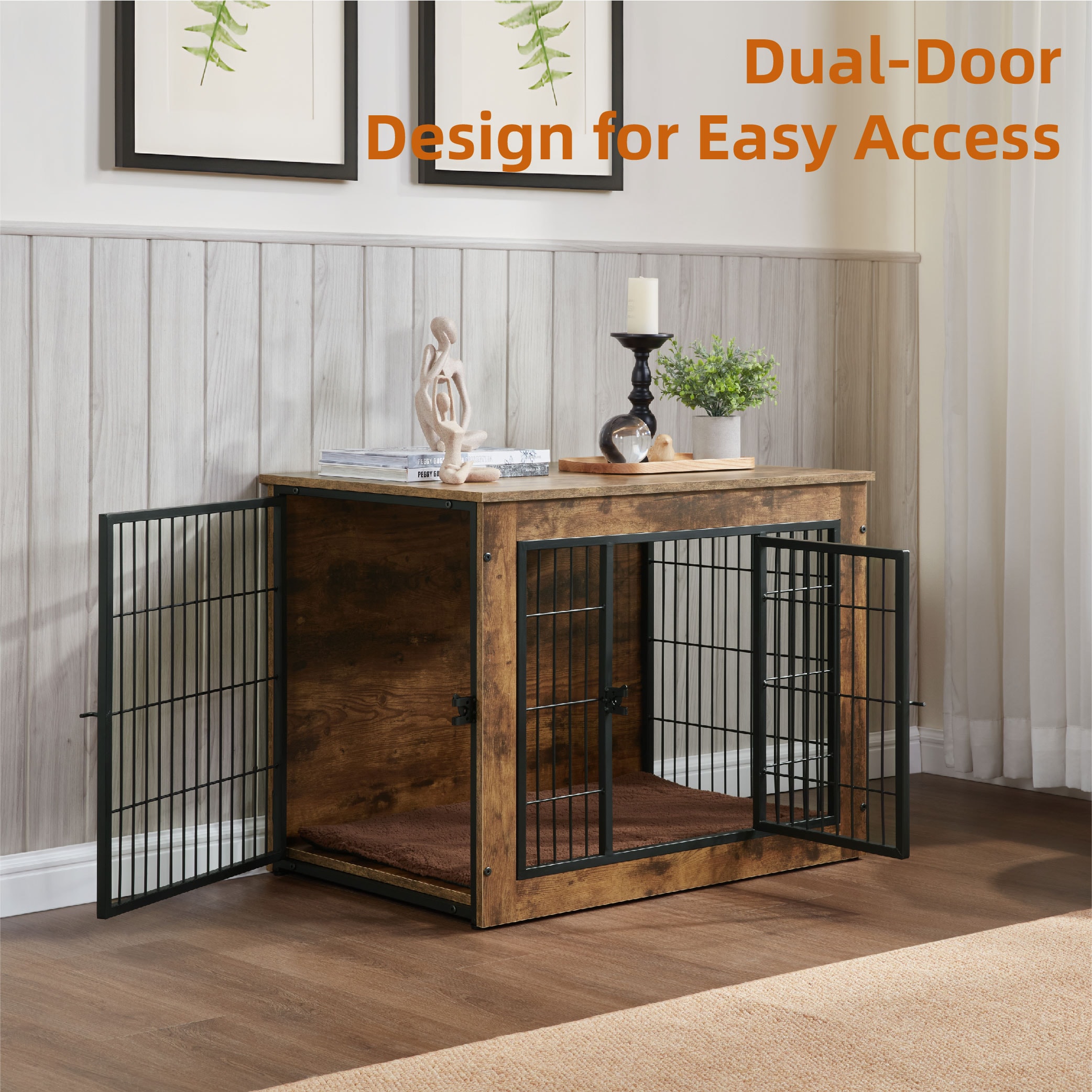 Dog Crate Furniture With Cushion, Wooden Dog Kennel Furniture, Heavy Duty Dog Cage, 40" Dog Kennel With Double Doors, Dog Crates For Large Dogs, Rustic Brown, L_voghion.com